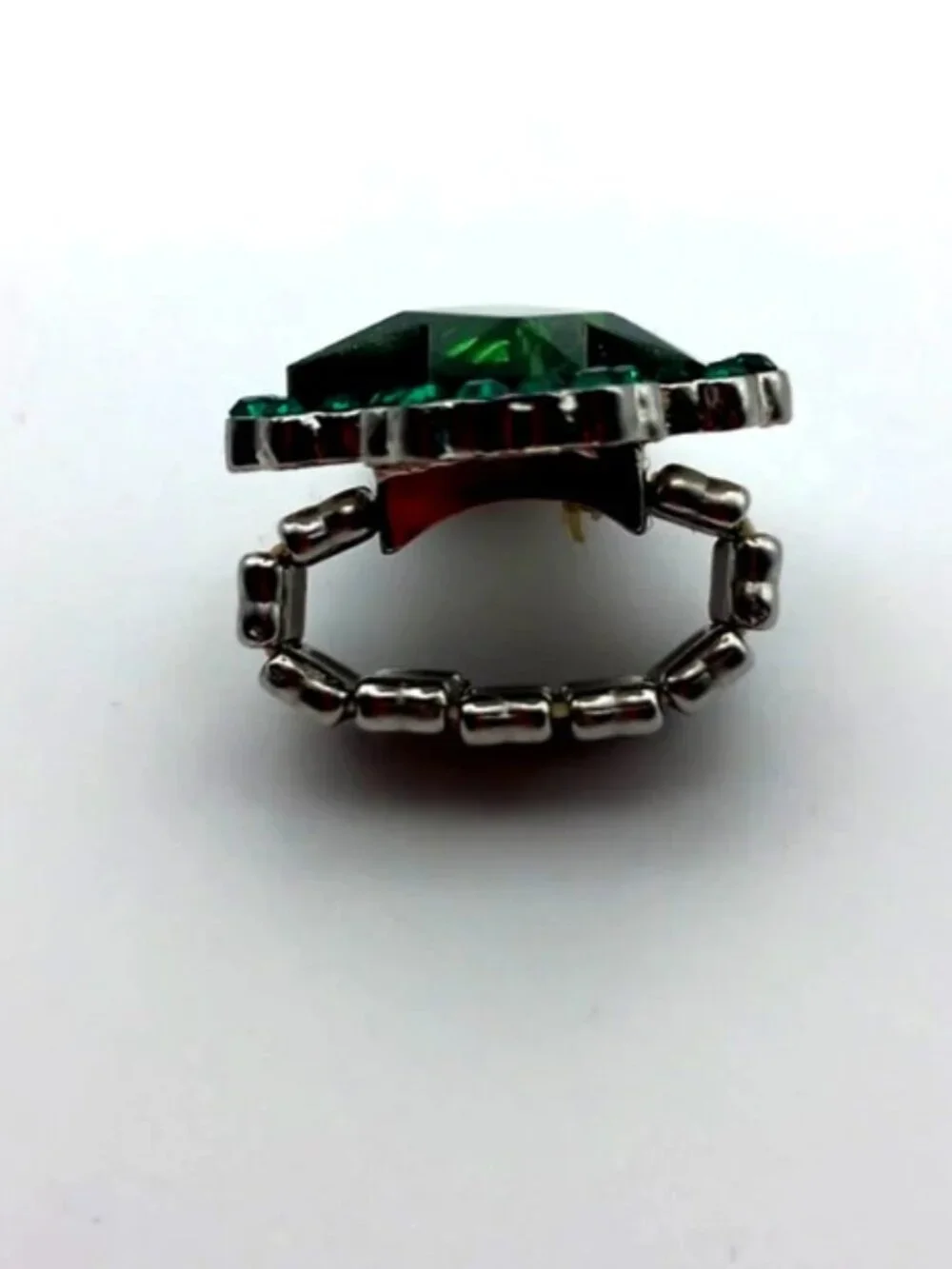 Large Green Glass Cross Ring Adjustable Silver Tone